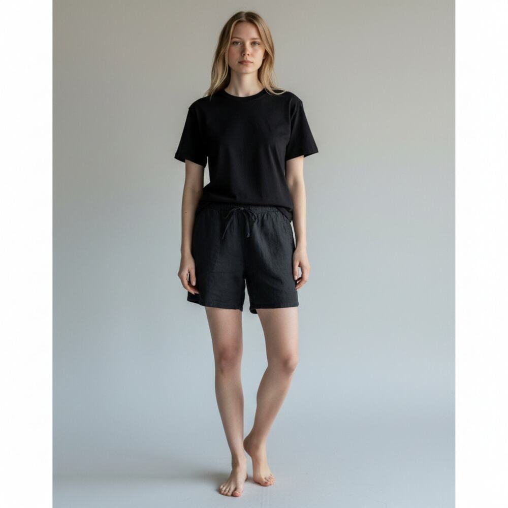 Eileen Fisher Organic Linen Shorts Drawstring Waist 8" Length sz M Pockets